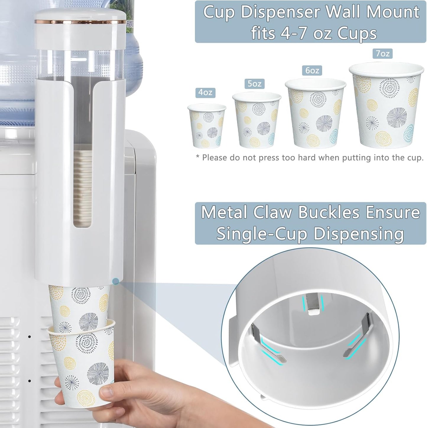 Cup Dispenser, Wall Mount Water Cooler Cup Dispenser fits 4-7 oz Disposable Paper and Plastic Cups, Pull Type Cup Holder for Bathroom, Office, Break Room, Gym, White