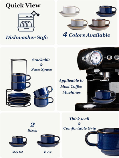 Gomakren 6 Ounce Cappuccino Cups with Saucers and Metal Stand, Stackable Coffee Cup Set of 4, Porcelain Espresso Cups for Coffee Drinks, Cappuccino, Latte, Americano, Tea, Cobalt Blue