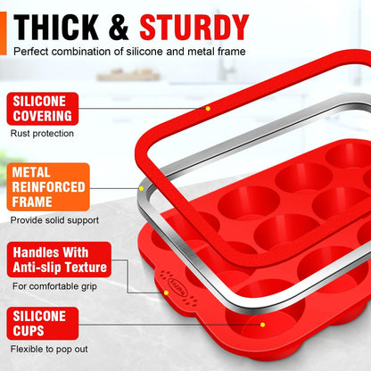 Walfos Silicone Muffin Pan with Metal Frame, 2.8 Inch Regular Size Silicone Cupcake Pan Muffin Tin, Non-Stick 12 Cups Egg Bites Molds for Baking, BPA Free, Dishwasher Safe, 2 Pack