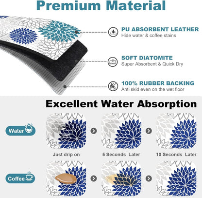 Findosom 2PCS 16" x 24" Dish Drying Mat & 24" x 5.5" Sink Splash Guard, Super Absorbent & Cuttable Dish Mat Drying Kitchen Mat with Blue Floral, Hide Stain Drying Mat for Kitchen Counter