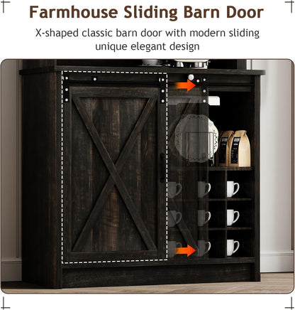 4ever2buy Farmhouse Coffee Bar Cabinet with Sliding Barn Door, 72" Hutch Coffee Bar with Storage, Large Kitchen Buffet Cabinet with Hutch, Tall Bar Cabinet Table for Living Dining Room, Oak