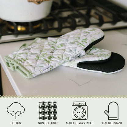 Heat Resistant Designer Kitchen Oven Mitts with Neoprene Non-Slip Grips and Hanging Loops | Set of 2 100% Cotton Long Sleeve Kitchen Oven Mitts | 5.5" x 12" | Green Herbs