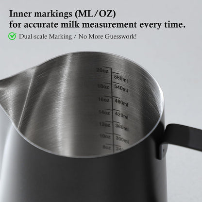 600ML Milk Frothing Pitcher - SUS304 Stainless Steel Latte Art Coffee Jug – Barista-Grade Milk Frother Cup with Precision Spout, Measurement Markings & Ergonomic Handle for Home & Café