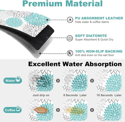 Findosom 2PCS 16" x 24" Dish Drying Mat & 24" x 5.5" Sink Splash Guard, Super Absorbent & Cuttable Dish Mat Drying Kitchen Mat with Teal Floral, Hide Stain Drying Mat for Kitchen Counter