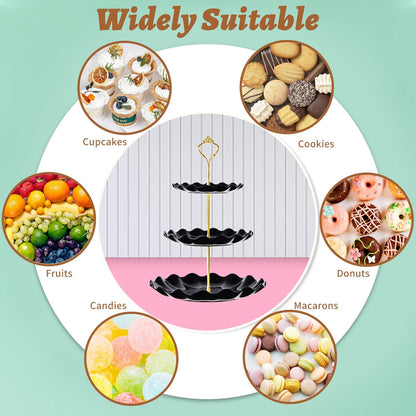 3 Tier Cupcake Stand Holder, Plastic Cup Cake Stand Towel with Tiered Serving Tray for Cupcakes, Donuts, Fruits and More, White (Black)