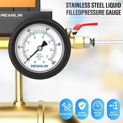 MEANLIN MEASURE 0~100Psi Stainless Steel Liquid Filled Pressure Gauge 1/4" NPT 2.5" FACE DIAL with Rubber Protective Sleeve, Center Back Mount