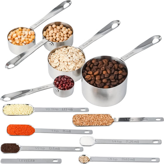 Measuring Cups and Spoons Set, 18/8 Stainless Steel Measuring Cups and Spoons Set for Kitchen & Baking, 5 MeasurE Cups &6 Long MeasurE Spoons&Leveler, Metric Measure Tools for Dry & Liquid