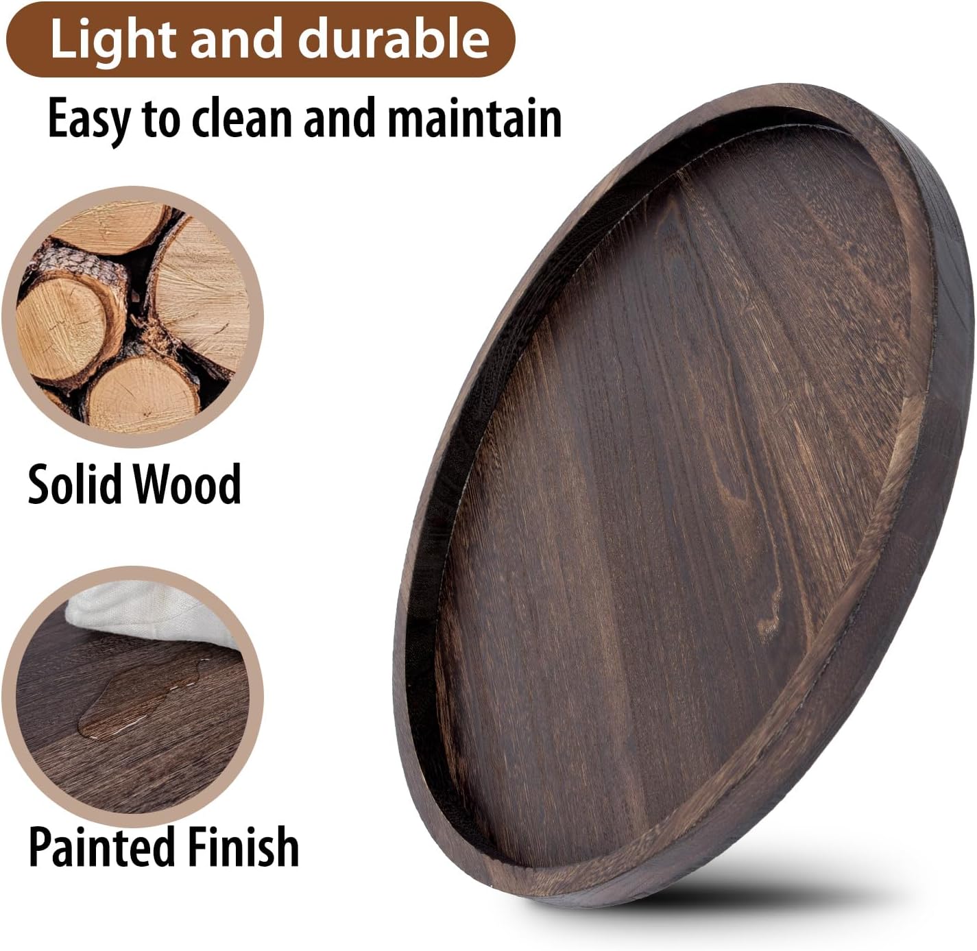 Round Ottoman Tray for Coffee Table Living Room Wood Serving Tray Large Wooden 20 Inches Rustic Brown