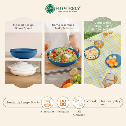 Homienly Wheat Straw Bowls, Salad Bowls, Serving Bowls for Kitchen, Camping, Picnic, Fruit, 60 OZ Large Capacity, Microwave and Dishwasher Safe, Set of 2 (Blue)