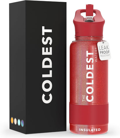 Coldest Insulated Water Bottle with Straw Lid - Stainless Steel Metal Insulated Bottle for Men & Women (Mars Red Glitter, 32 oz)