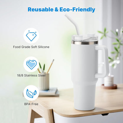 Repeatable Metal Straw with Silicone Tips for 30 oz Stanley Tumbler, 2 Pcs 30 oz Stainless Steel Straws Replacement for Stanley Tumbler, 1 Straw Brush, BPA Free（White）