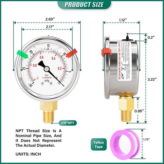 -30inHG~0Psi Stainless Steel Liquid Filled Pressure Gauge, 2.5" Dial Size, 1/8" NPT Lower Mount, for Tube, Water Pump, Gas, Liquid, Pressure Test (with Range Mark Pointer)