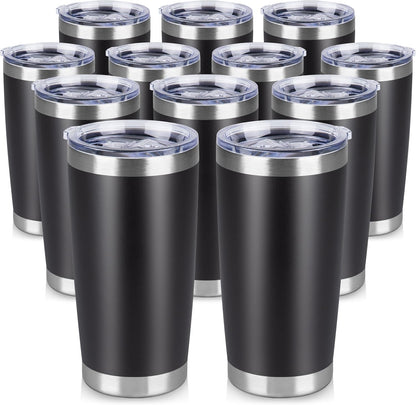 20 oz Tumbler Stainless Steel Tumblers Bulk with Lid Double Wall Insulated Coffee Tumbler Cups for Hot & Cold Drinks Powder Coated Travel Coffee Tumbler Mug Metal (Black, 12 pack)