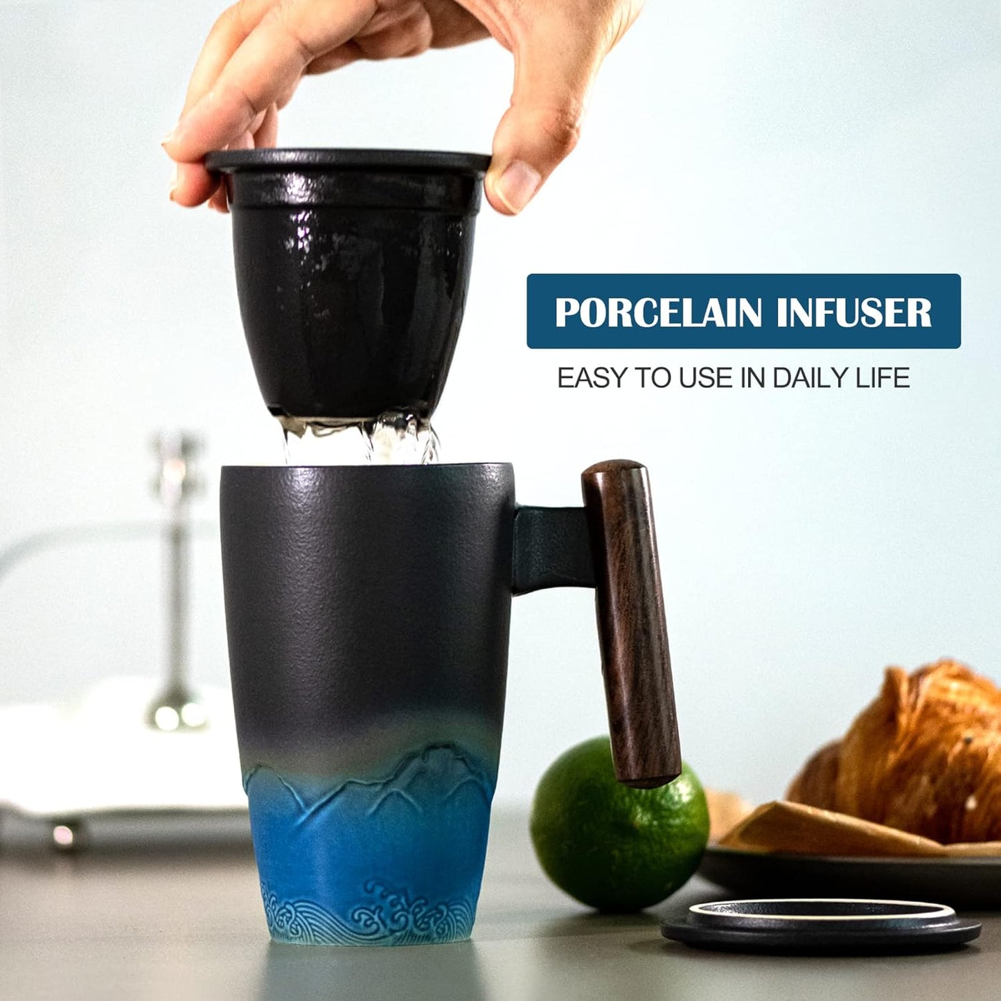 suyika Tomotime Ceramic Tea Cup with Infuser and Lid Tea Mugs Wooden Handle 400ml/13.5oz Black cyan