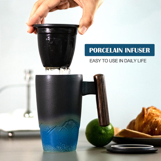 suyika Tomotime Ceramic Tea Cup with Infuser and Lid Tea Mugs Wooden Handle 400ml/13.5oz Black cyan