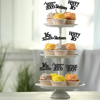 Gyufise 30Pcs Vintage 2009 Cupcake Toppers Glitter Sweet 16 Happy 16th Birthday Cake Decorations for Happy 16th Birthday Fabulous Anniversary Party Supplies Black