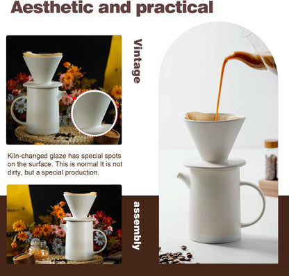Pour Over Coffee Maker Set Vintage Ceramic Pour Over V60 Coffee Dripper Set with 20 Count Paper Coffee Filters,for Home Café Restaurant Camping,15.8 Ounces(White)