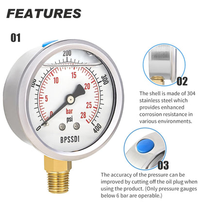 0-400 Psi Glycerin Liquid Filled Pressure Gauge, 2.5" Dial Size, 1/4" NPT Lower Mount, 304 Stainless Steel Case, for Pool Pump Sand Filter Air Compressor, Water Oil Air Pressure Test