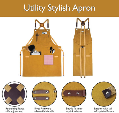 Kitchen Apron, Work Apron, Canvas, Multiple Pockets, Gardening, Painting, BBQ, Artist, Carpenter, Sizes M to XXL, Khaki