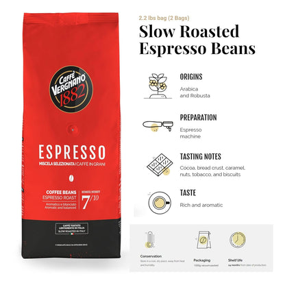 Caffe Vergnano 1882 Espresso Whole Bean Arabica Roast Coffee, 2.2 lb bag - Italian Medium Roast Coffee Beans with notes of Chocolate, Nuts & Caramel, Intensity 7/10-1000g Bag (2 Pack)