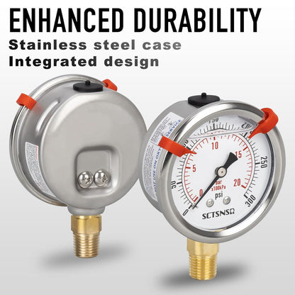 0 to 300 Psi Pressure Gauge, Glycerin Liquid Filled, 2.5 inch Dial, 1/4" NPT Lower Mount, Stainless Steel Case, for Regulator, Air Compressor, Water System, HVAC, Hydraulic, Pressure Test