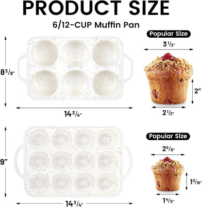 Vinino 2Pack Silicone Muffin Pan for Baking with Metal Reinforced Frame, Regular 12 Cup and Jumbo 6 Cup Nonstick Cupcake Pan Set, BPA Free Silicone Muffin Tray Molds for Oven Dishwasher Safe