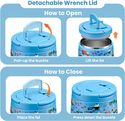 Soup Thermo for Hot Food Kids 14oz Lunch Containers with Buckle Lid Wide Mouth Hot Food Jar Vacuum Insulated Stainless Steel Bento Box Leakproof with Spoon (Truck)