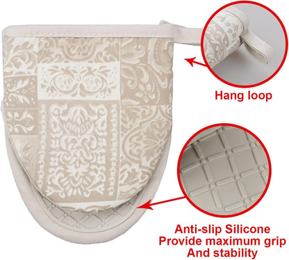 Mini Silicone Oven Mitts, Heat and Slip Resistant Kitchen Mittens 2-Pack Set, Khaki Patchwork Flower Soft Short Oven Gloves, Flexible Thick Pot Holders for Safe Cooking Baking & Grill (Khaki)