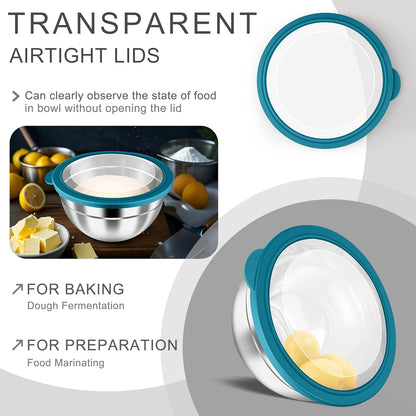 HaWare Mixing Bowls with Airtight Clear Lids, 6-Piece Stainless Steel Strong Nesting Bowls Set, Metal Salad Bowl for Cooking, Prepping, Baking, Serving & Food Storage, Size 4.6, 3, 1.5QT, Teal Blue