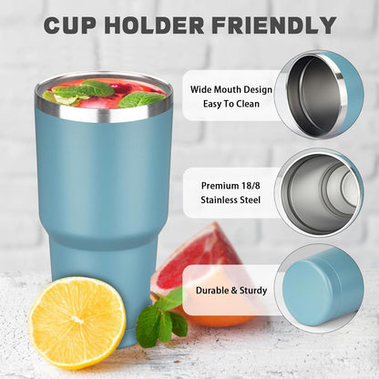 30 oz Tumbler with Lids and Straws, Stainless Steel Insulated Coffee Tumbler, Double Wall Vacuum Insulated Travel Mug Cup, Leakproof Thermal Coffee Cup for Hot and Cold Drinks (Azure Blue)