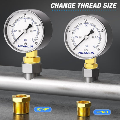 MEANLIN MEASURE 0-3Psi Diaphragm Type Capsule Low-Pressure Gauge, Water Column Gauge, 2.6" Dial, 1/4" NPT, Rear Adjustable Knob, with 1/2" NPT and 3/8" NPT Hex Bushing, Lower Mount