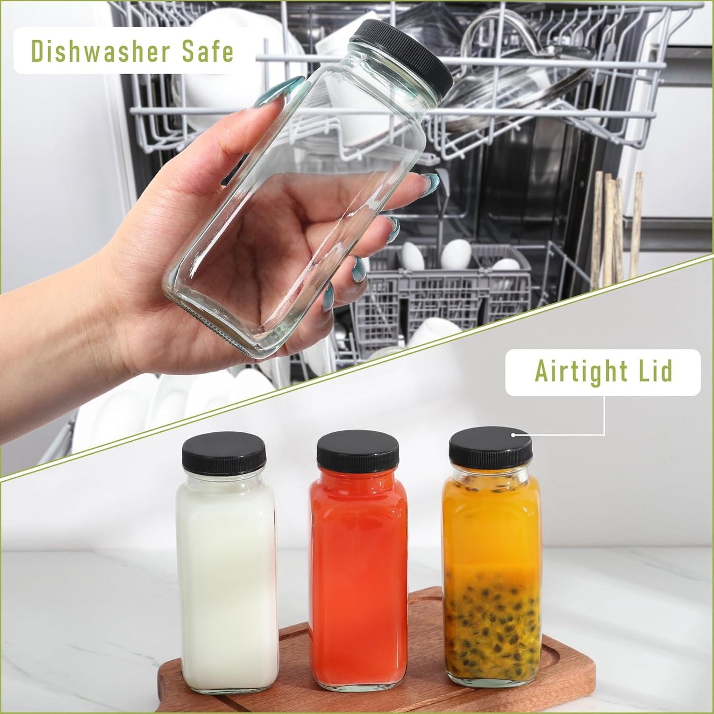 8 oz Glass Juice Bottles with Lids 12 Pack,Reusable Water Bottle,Juicing Bottles for Smoothies, Milk, Storage, Small and portable