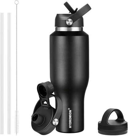 HYDROWION 40 oz Insulated Water Bottle with Straw fit in Car Cup Holder(Cold 48 hrs, Hot 24 hrs) Drinking Bottle with Straw Lid, Spout Lid and Flex Cap Leakproof Travel Thermo Mug，Black