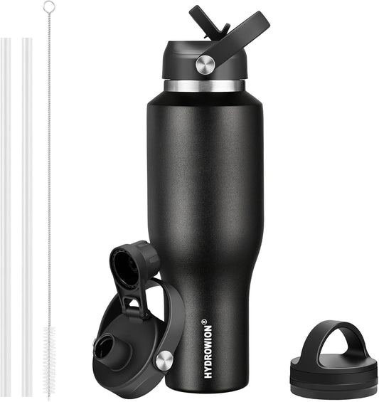 HYDROWION 40 oz Insulated Water Bottle with Straw fit in Car Cup Holder(Cold 48 hrs, Hot 24 hrs) Drinking Bottle with Straw Lid, Spout Lid and Flex Cap Leakproof Travel Thermo Mug，Black