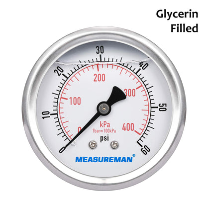 MEASUREMAN 2-1/2inch Dial Size, Liquid Filled Pressure Gauge, 0-60psi/400kpa, 304 Stainless Steel Case, 1/4inchNPT Back Mount