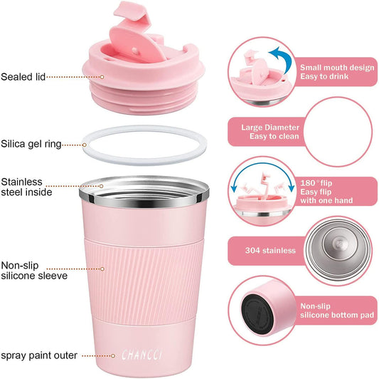 Travel Coffee Mug Spill Proof Leakproof 12 oz Insulated Coffee Mug with Screw Lid, Stainless Steel Vacuum Tumbler Reusable Thermal Coffee Cup to go for Hot and Cold Drinks -380ml, Pink