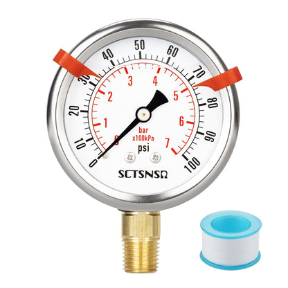0 to 100 Psi Pressure Gauge, Glycerin Liquid Filled, 2.5 inch Dial, 1/4" NPT Lower Mount, Stainless Steel Case, for Water Pump, Pneumatic Air, Well Tank, RV Hose, Gas, Low Pressure Test