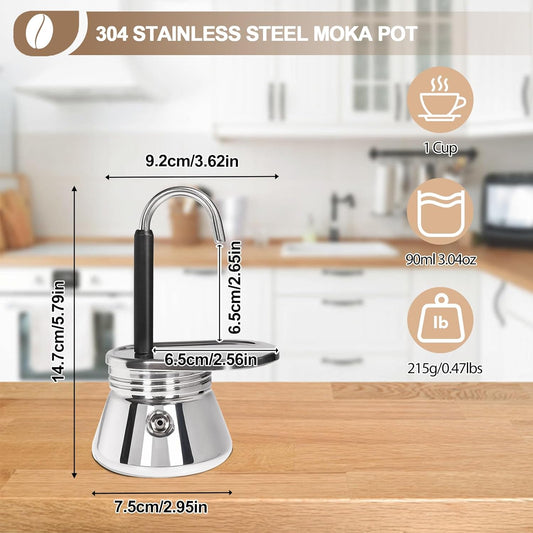 Uncoated 1 Cup Single Tube Moka Pot 304 Thickened Stainless Steel Mini Coffee Maker Stovetop Espresso Coffeemaker Italian Classic Style Brewing Greca Cafe Mocha Machine for Camping Travel Home 90ml