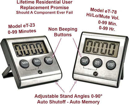 Elegant Digital Kitchen Timer, Stainless Steel Model eT-78, Displays 0-99 Min. or 0-99 Hr., Super Strong Magnet, Volume Switch for Mute/Soft/Loud Alarm, Auto Shut Off, Auto Memory by eTradewinds