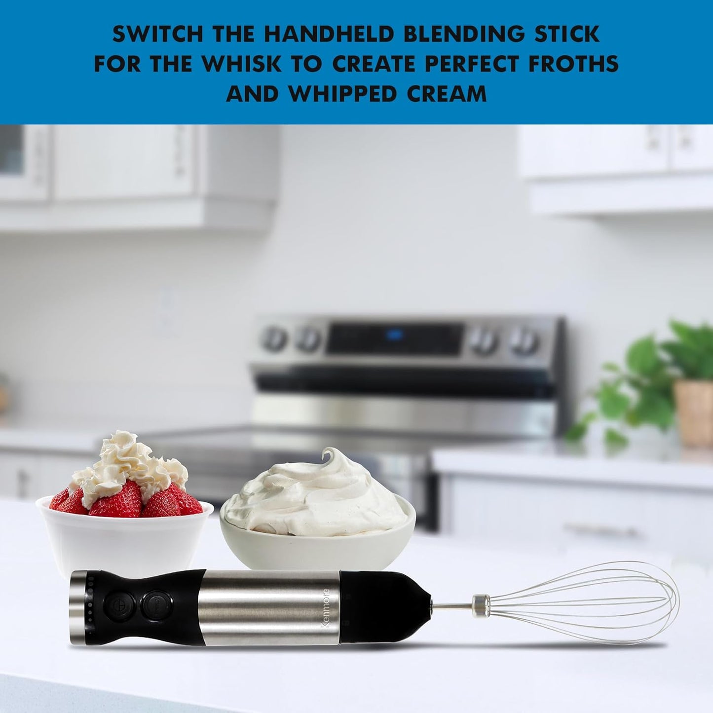 Kenmore Immersion Blender - Handheld Stick Mixer For Kitchen, Food Chopper, Whisk, Smoothie Milkshake Maker, Blend Baby Food, Protein Shake, Puree, Batidora De Inmersión Stainless Steel Blade, Black