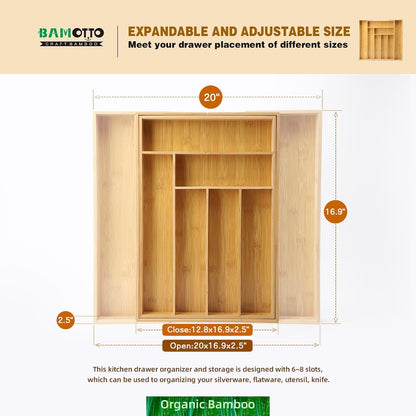 Expandable Bamboo Drawer Organizer – Large 20"x16.9" Size with Adjustable Dividers – for Kitchen Utensils, Knives, Cutlery, Flatware & Silverware Storage Tray