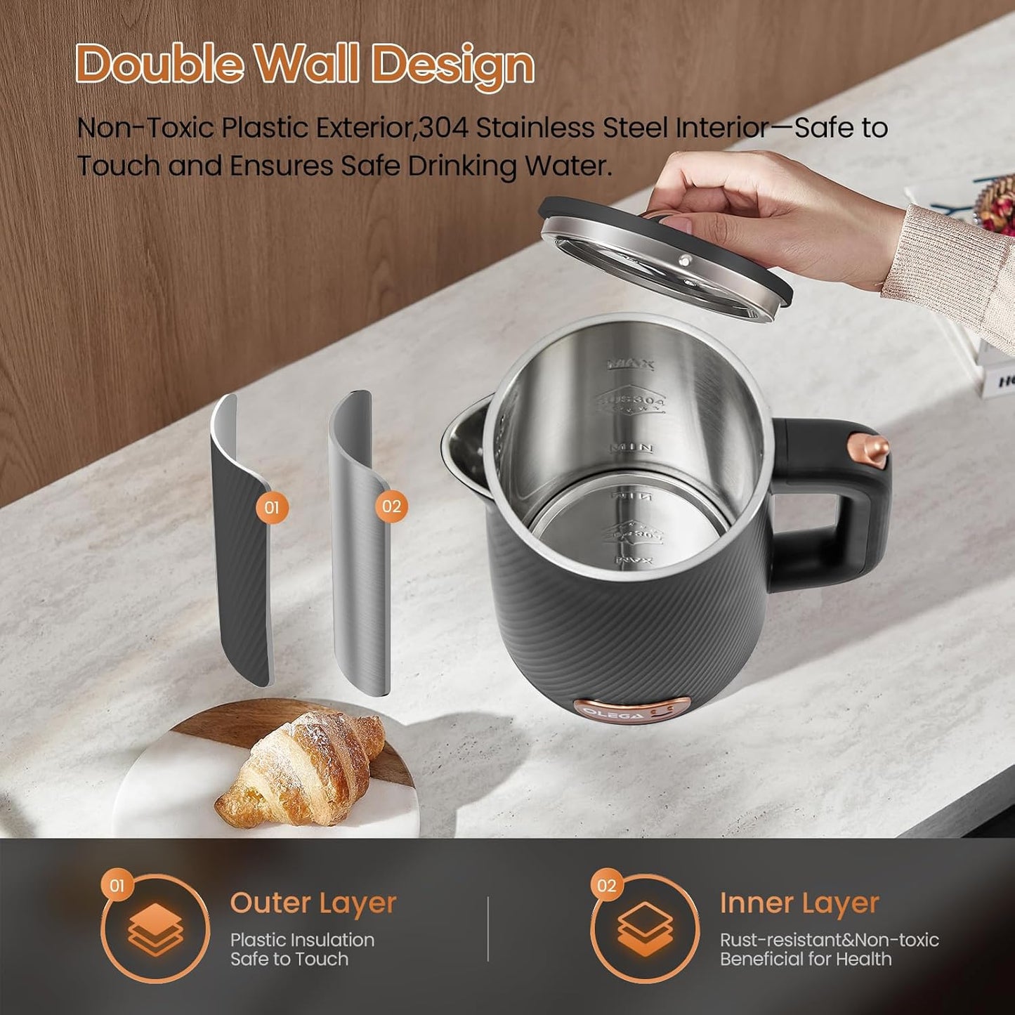 OLEGA Electric Kettle - 1500W Electric Tea Kettle 1.8L Stainless Steel Inner Electric Kettles for Boiling Water Auto Shut Off Boil-Dry Protection Electric Water Kettle for Coffee Tea Black