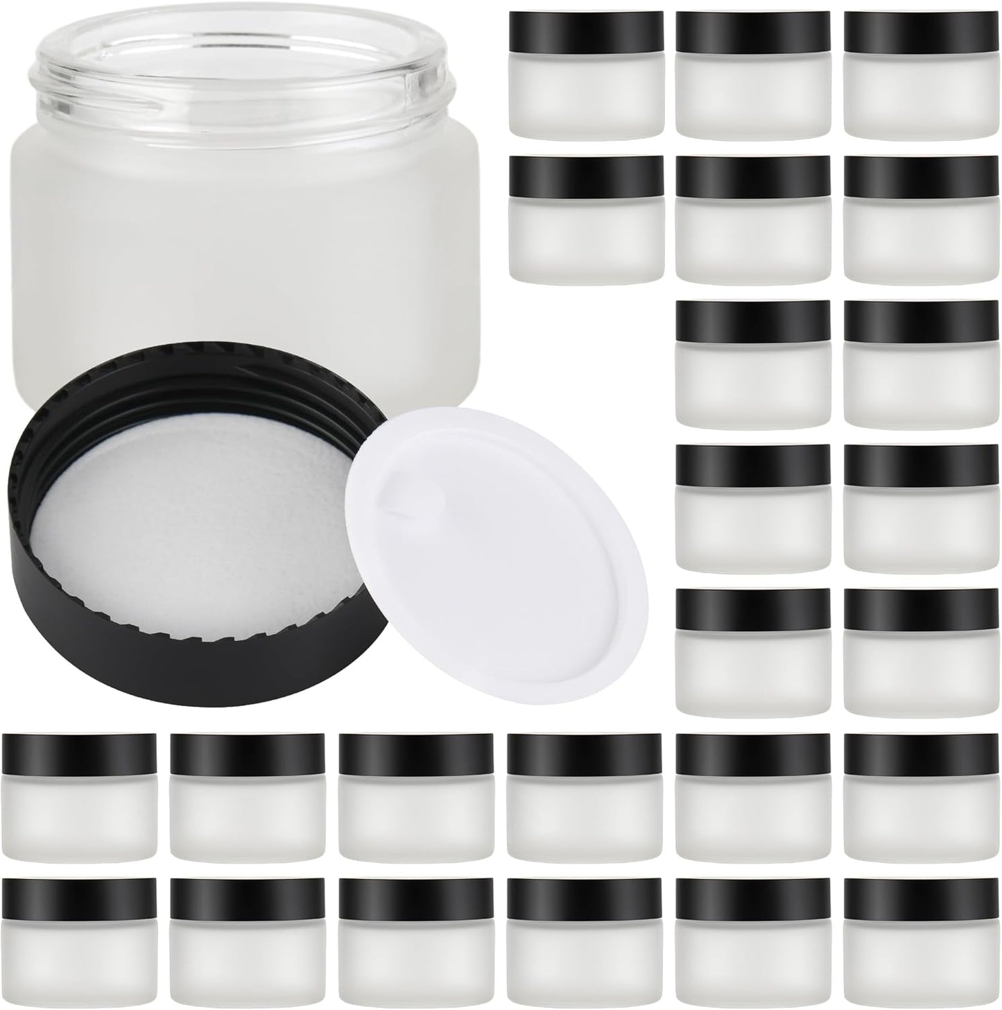 Glass Jars with Lids,Eco-Friendly Cosmetic Containers with Airtight Black Lids & Liners, Multi-Color Options for Cream, Lotion, Body Butter, DIY Skincare Travel Jars (Clear Frosted, 2oz)