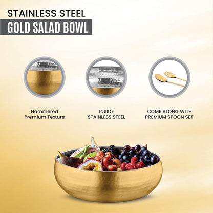 Avador® Set of 3 Premium Stainless Steel Salad Mixing Bowl Hammered Finish | Handmade | Includes Salad Serving Utensils (Gold Plated)