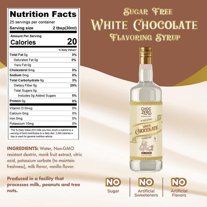 ChocZero Sugar Free White Chocolate Syrup for Coffee - Latte Flavoring Syrups - Keto Friendly, Zero Sugar, 25.4 Ounces (Pack of 1)