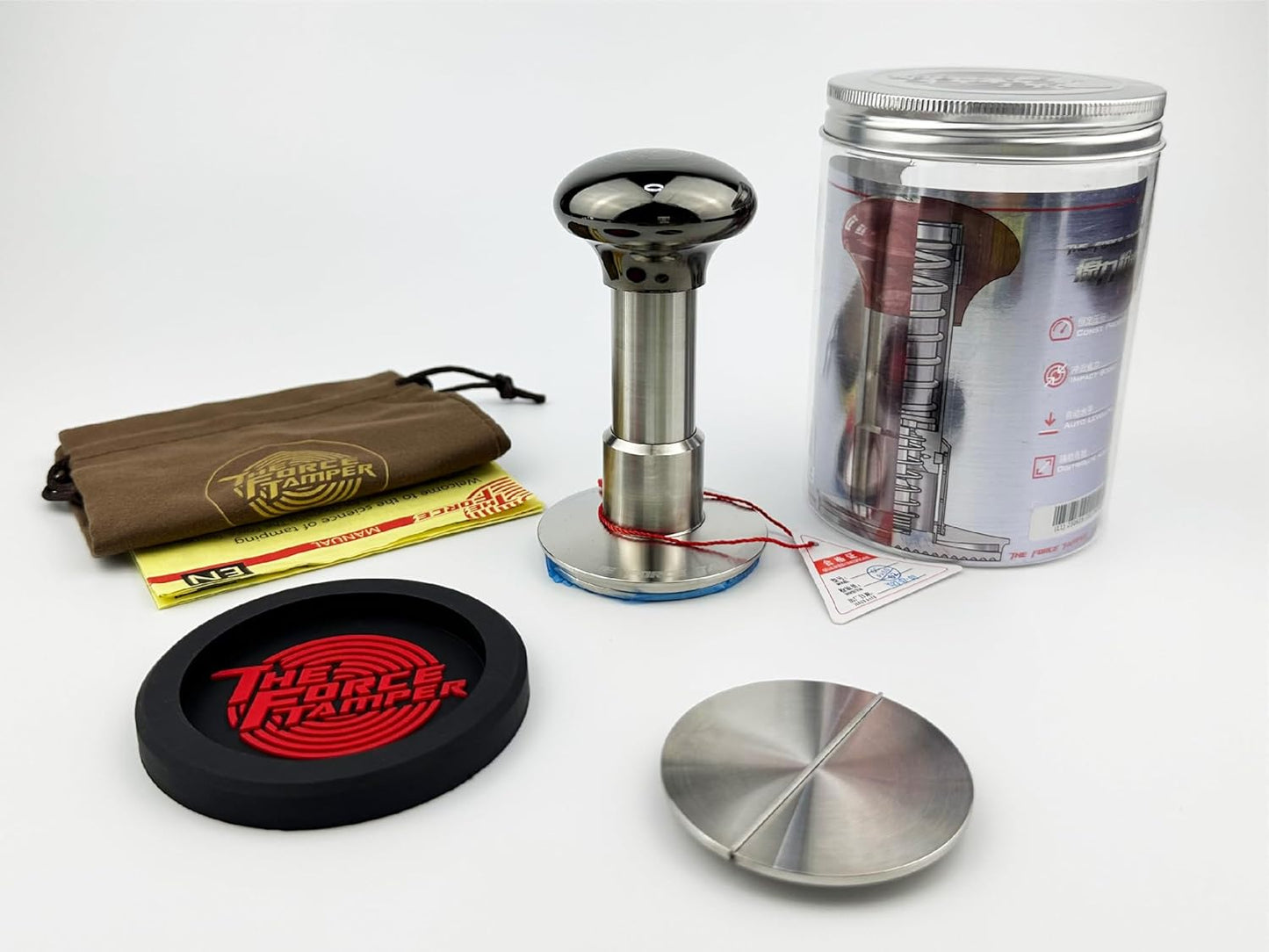 The Force Tamper Automatic Impact Adjustable Constant Pressure and Autoleveling Coffee Tamper Black Mirror Jellyfish AL Handle Set Pro (Flat-Distribute Set, 58.50mm)