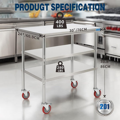 Stainless Steel Table with Wheels Stainless Steel Prep Table 24 x 30 Inch, NSF Commercial SS Metal Kitchen Prep Worktable for Restaurant Kitchen Garage Warehouse