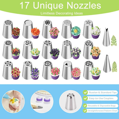 32-Piece Russian Piping Tips Set, Cake Decorating Kit with 17 Frosting Nozzles, Reusable Piping Bags, and Baking Supplies for Cupcakes, Cookies, Cakes - Idael for Bakers & Beginners