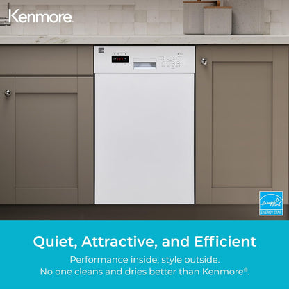 Kenmore 18" Built-in Stainless Steel Tub Dishwasher EasyFlex 3rd, SmartWash, UltraWash Plus, TurboDry, MoreSpace Adjustable Rack, Energy Star Certified, White