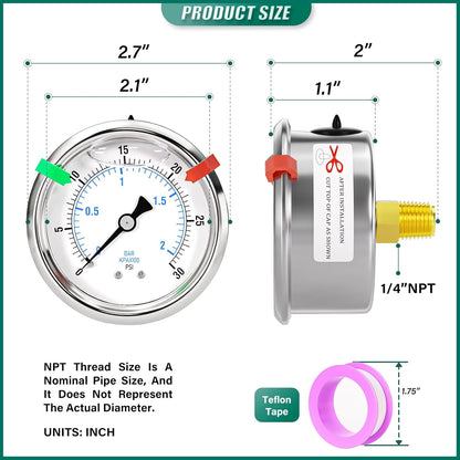 0-30psi Stainless Steel Glycerin Liquid Filled Pressure Gauge 1/4" NPT 2.5" Face Dial Center Back Mount, for Water, Oil and Air Pressure Testing (with Range Mark Pointer)
